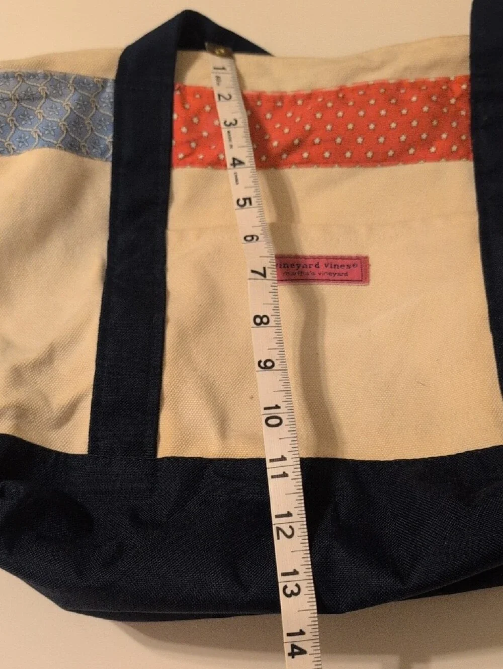 Vineyard Vines Cream Canvas Tote with Navy Straps and Multicolor Accents